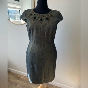 TAHARI metallic green neck detail shift dress NWOT